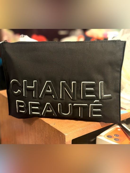 CHANEL Handbags - RARE!CHANEL Beaute Black Cosmetic Pouch with White Embroidered Logo extra large